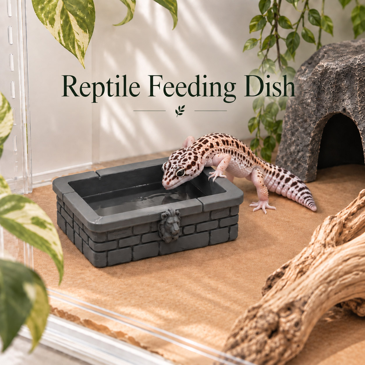 Water Dish Reptile - 3D-gedruckte PETG-Kunststein-Wasserschale „Löwenkopf“ für Reptilien –